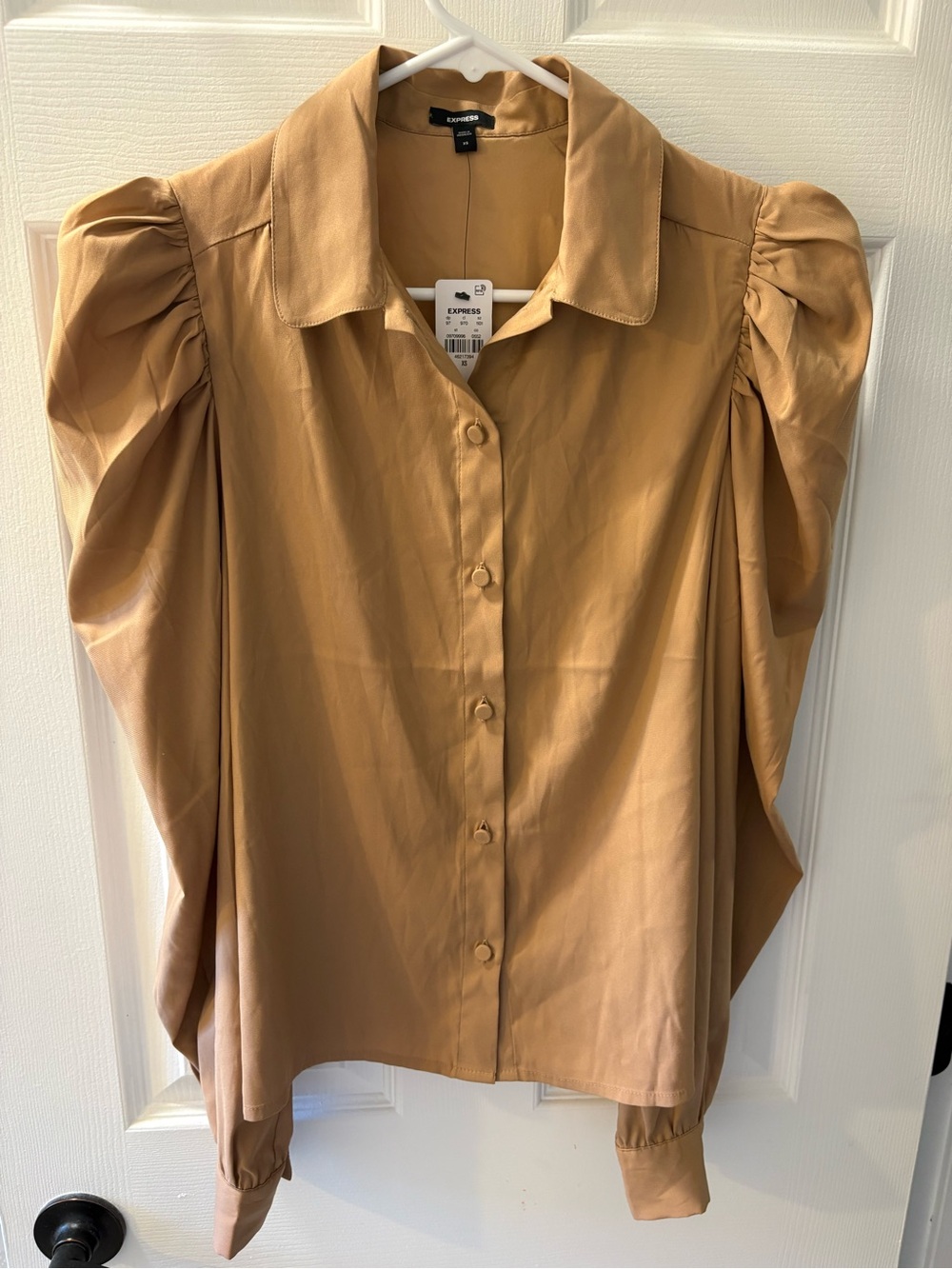 Express Puff-Sleeve Button-Down Shirt in Camel